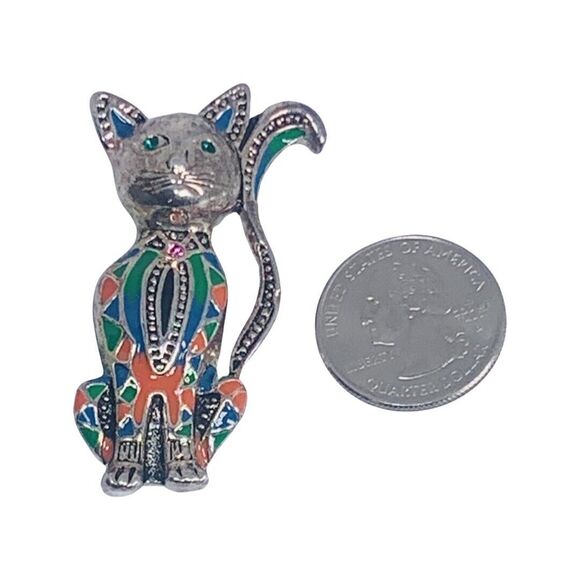 VTG Guilloche Siamese Cat Brooch Pin 2 1/8" Silver Tone Ethnic Multicolor - Picture 2 of 6